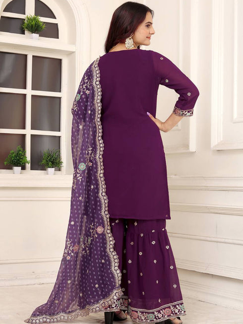 Purple Fox Georgette Silk Pant Suit 192151 Back View